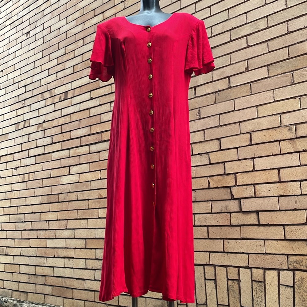 Vintage 90’s Betsy Lauren red gold button down crinkle sleeve dress Size 6